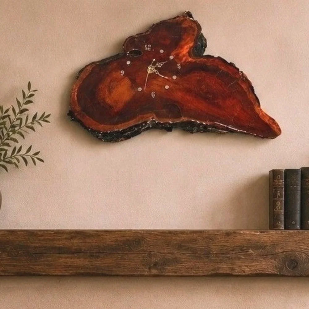 Vintage Live Edge Wood Slab Wall Clock Burl Epoxy Gloss Rustic Cabin Decor 14in